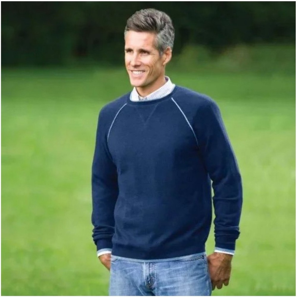 Hammacher Schlemmer Mens 100% Cashmere Crewneck Sweater Navy Blue Contrast‎ M